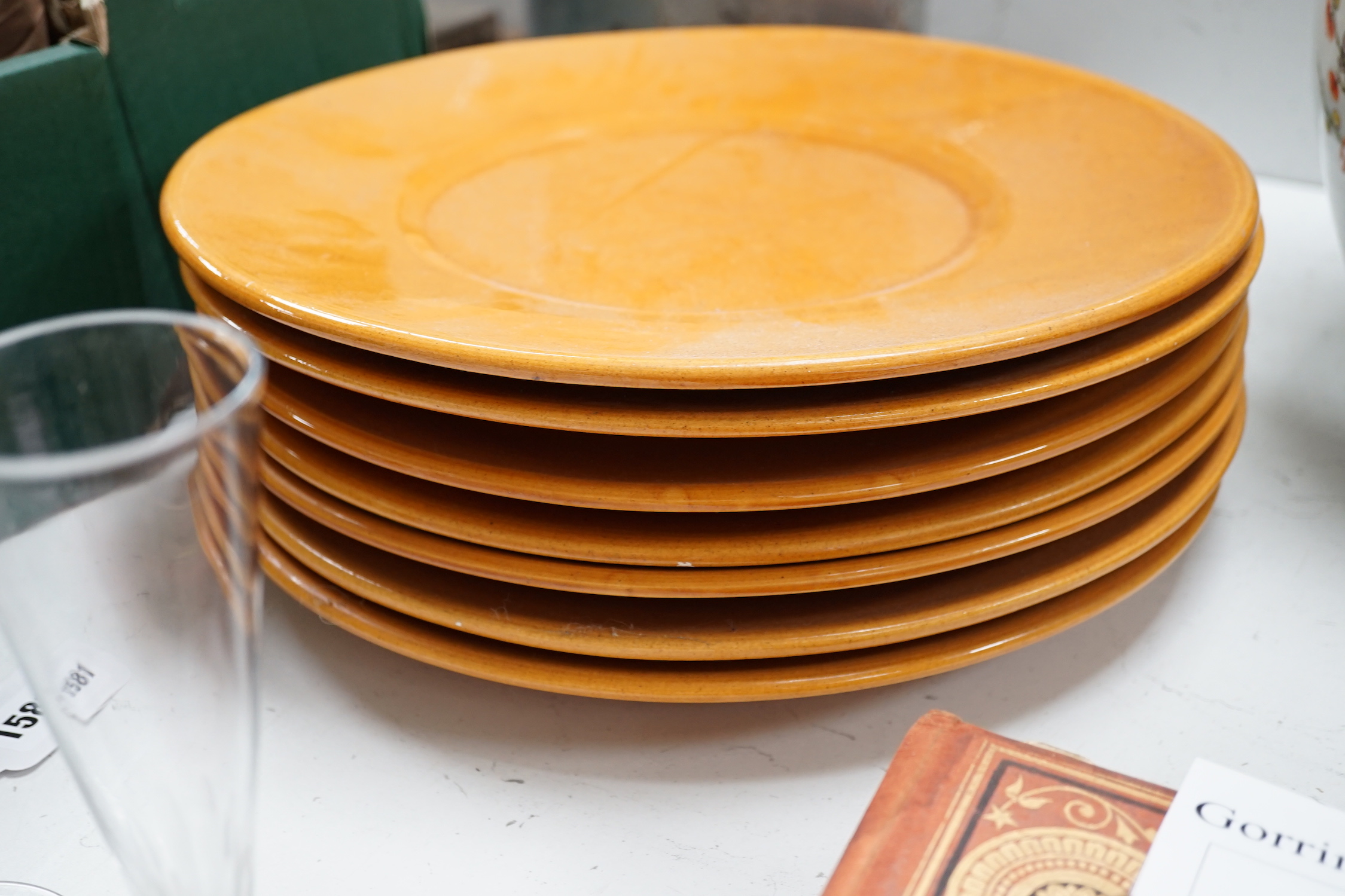 A set of seven French tin glazed pottery dishes, 33cm